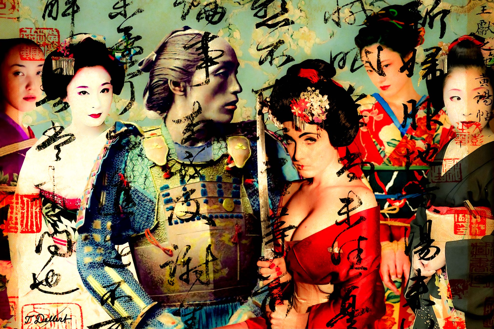 Small  40 x 60 The Samurai Worrior and his Geishas 